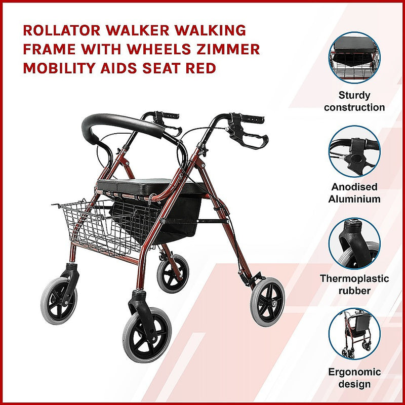 Rollator Walker Walking Frame With Wheels Zimmer Mobility Aids Seat Red