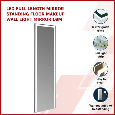 LED Full Length Mirror Standing Floor Makeup Wall Light Mirror 1.6M