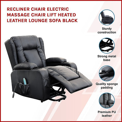 Recliner Chair Electric Massage Chair Lift Heated Leather Lounge Sofa Black