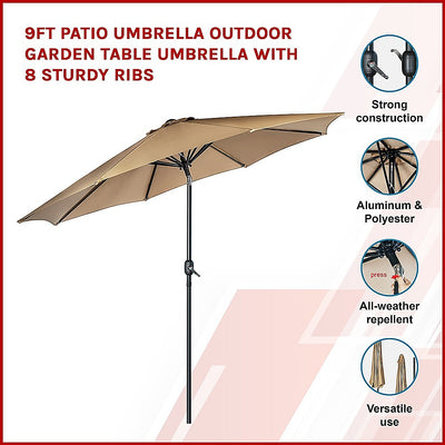 9FT Patio Umbrella Outdoor Garden Table Umbrella with 8 Sturdy Ribs