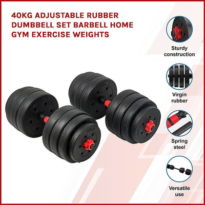 40kg Adjustable Rubber Dumbbell Set Barbell Home GYM Exercise Weights