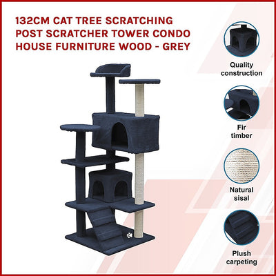 132cm Cat Tree Scratching Post Scratcher Tower Condo House Furniture Wood - Grey