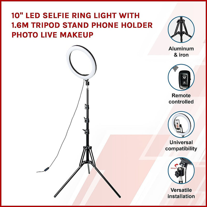 10" LED Selfie Ring Light with 1.6M Tripod Stand Phone Holder Photo Live Makeup