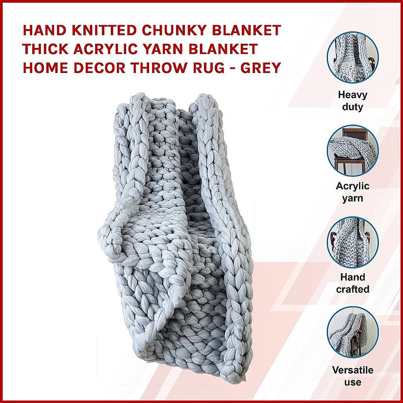 Hand Knitted Chunky Blanket Thick Acrylic Yarn Blanket Home Decor Throw Rug - Grey