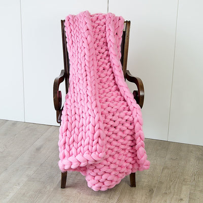 Hand Knitted Chunky Blanket Thick Acrylic Yarn Blanket Home Decor Throw Rug - Pink