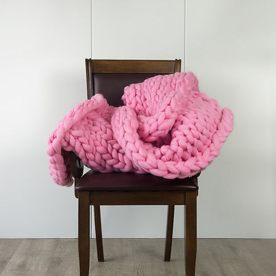 Hand Knitted Chunky Blanket Thick Acrylic Yarn Blanket Home Decor Throw Rug - Pink