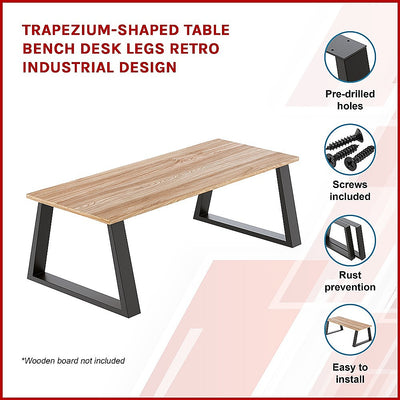 Trapezium-Shaped Table Bench Desk Legs Retro Industrial Design Fully Welded - Black