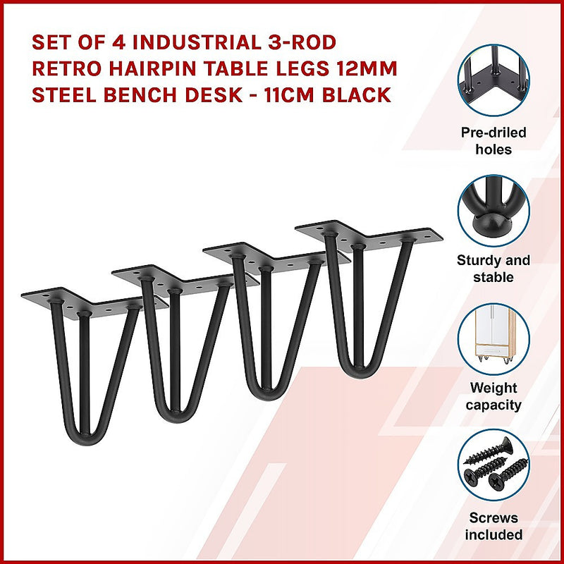 Set of 4 Industrial 3-Rod Retro Hairpin Table Legs 12mm Steel Bench Desk - 11cm Black