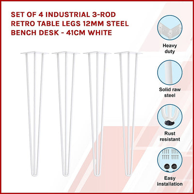 Set of 4 Industrial 3-Rod Retro Table Legs 12mm Steel Bench Desk - 41cm White