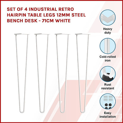 Set of 4 Industrial Retro Hairpin Table Legs 12mm Steel Bench Desk - 71cm White