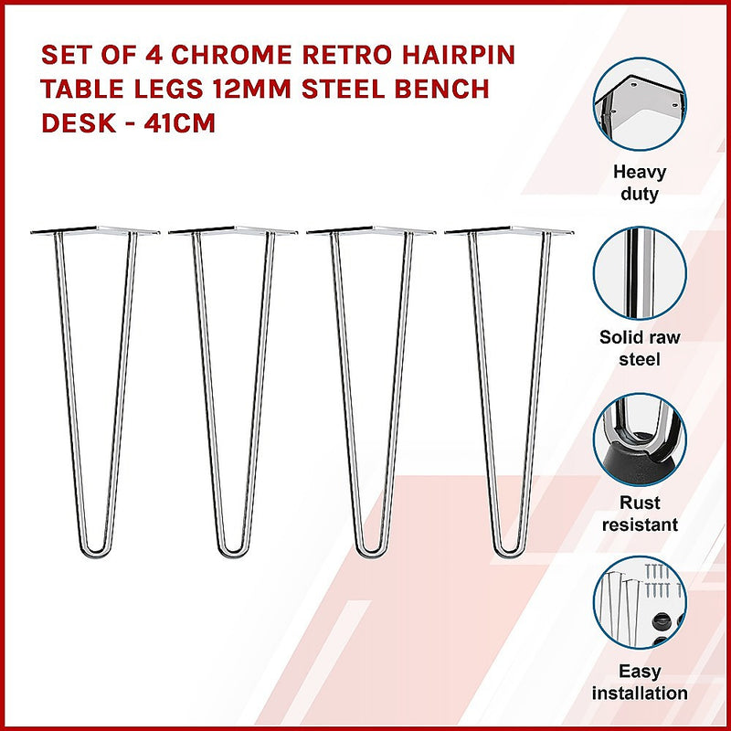 Set of 4 Chrome Retro Hairpin Table Legs 12mm Steel Bench Desk - 41cm