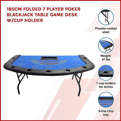 185cm Folded 7 Player Poker Blackjack Table Game Desk W/Cup Holder