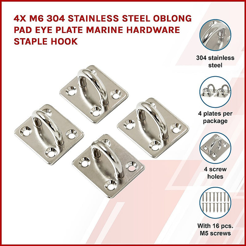 4X M6 304 Stainless Steel Oblong Pad Eye Plate Marine Hardware Staple Hook