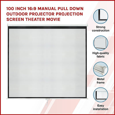 100 Inch 16:9 Manual Pull Down Outdoor Projector Projection Screen Theater Movie