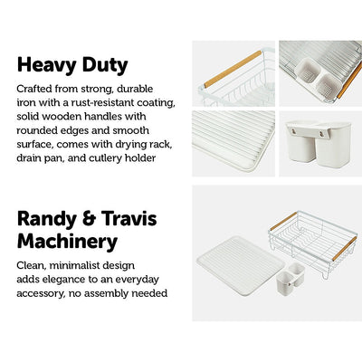 Metal Dish Drying Rack Drainboard Holder Tray Kitchen Plates Cutlery Wood Handle