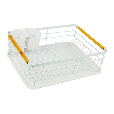 Metal Dish Drying Rack Drainboard Holder Tray Kitchen Plates Cutlery Wood Handle