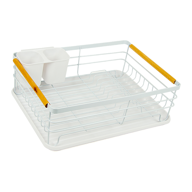 Metal Dish Drying Rack Drainboard Holder Tray Kitchen Plates Cutlery Wood Handle