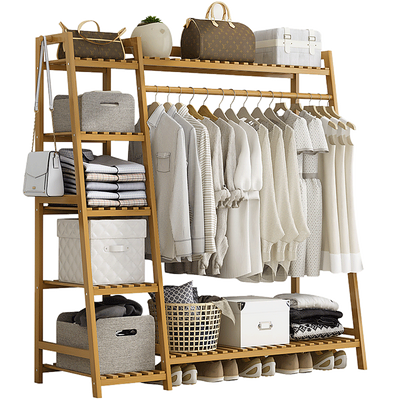 Portable Clothes Rack Coat Garment Stand Bamboo Rail Hanger Airer Closet