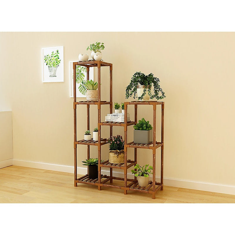 Indoor Outdoor Garden Plant Stand Planter Flower Pot Shelf Wooden Shelving - 9 Shelves