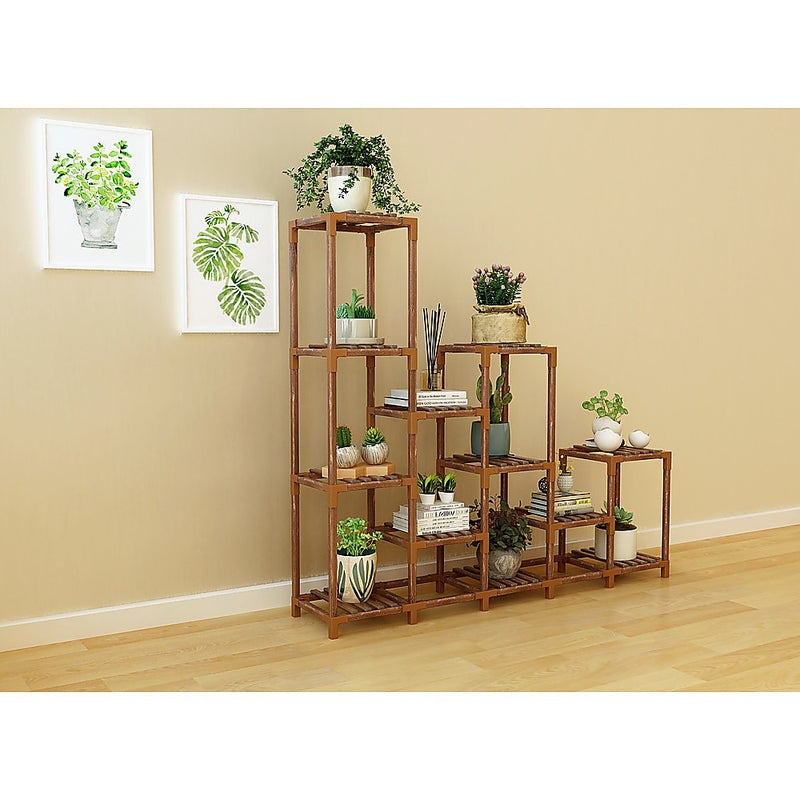 Indoor Outdoor Garden Plant Stand Planter Flower Pot Shelf Wooden Shelving - 12 Shelves