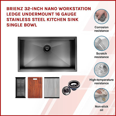 BRIENZ 32-inch Nano Workstation Ledge Undermount 16 Gauge Stainless Steel Kitchen Sink Single Bowl