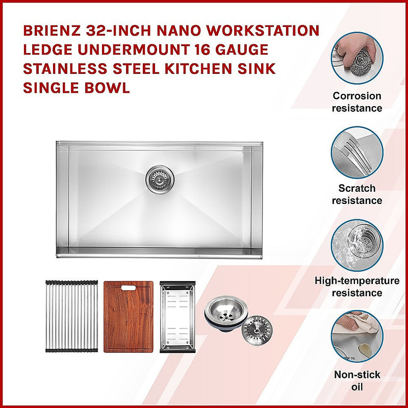 BRIENZ 32-inch Nano Workstation Ledge Undermount 16 Gauge Stainless Steel Kitchen Sink Single Bowl