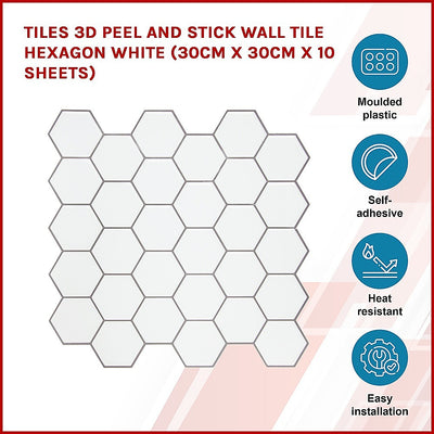 Tiles 3D Peel and Stick Wall Tile Hexagon White (30cm x 30cm x 10 sheets)