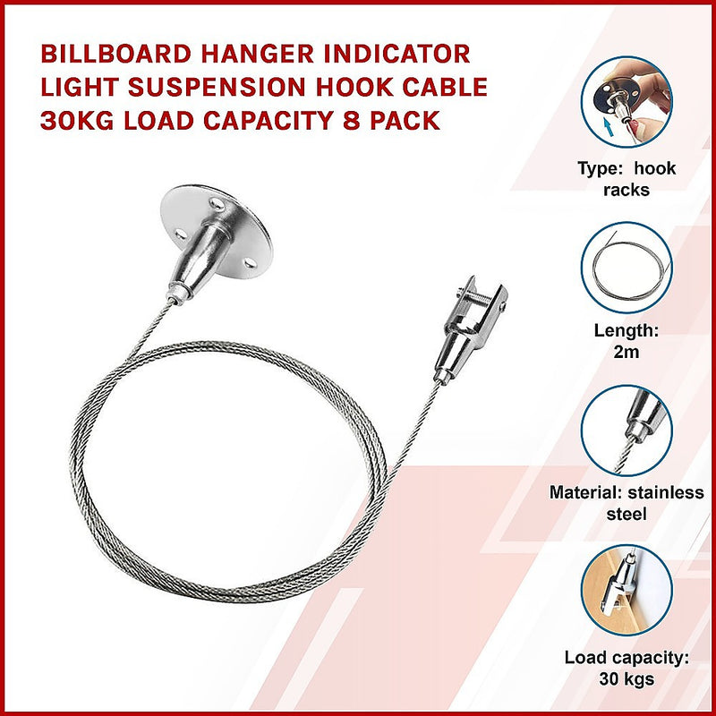 Billboard Hanger Indicator Light Suspension Hook Cable 30kg Load Capacity 8 Pack