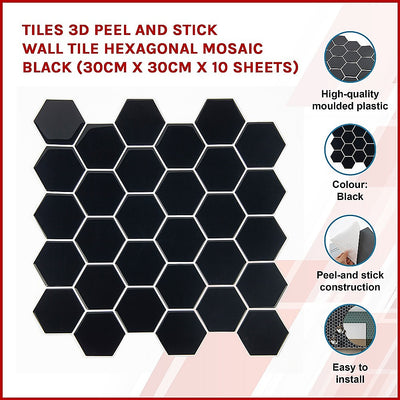 Tiles 3D Peel and Stick Wall Tile Hexagonal Mosaic Black 10 Sheets