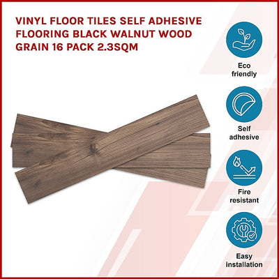 Vinyl Floor Tiles Self Adhesive Flooring Black Walnut Wood Grain 16 Pack 2.3SQM