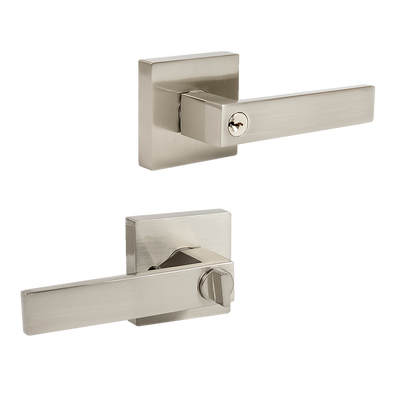 Door Handle Set Lever Key Lock Function Square Satin Nickel