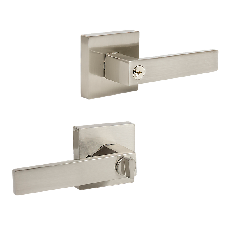 Door Handle Set Lever Key Lock Function Square Satin Nickel