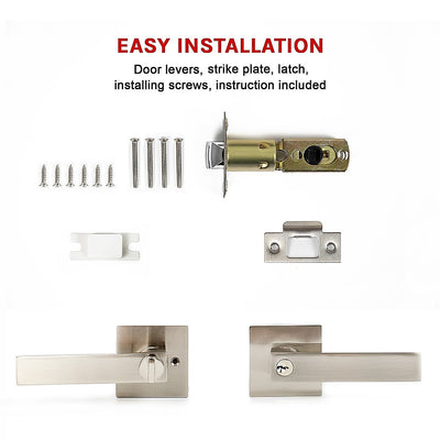 Door Handle Set Lever Key Lock Function Square Satin Nickel