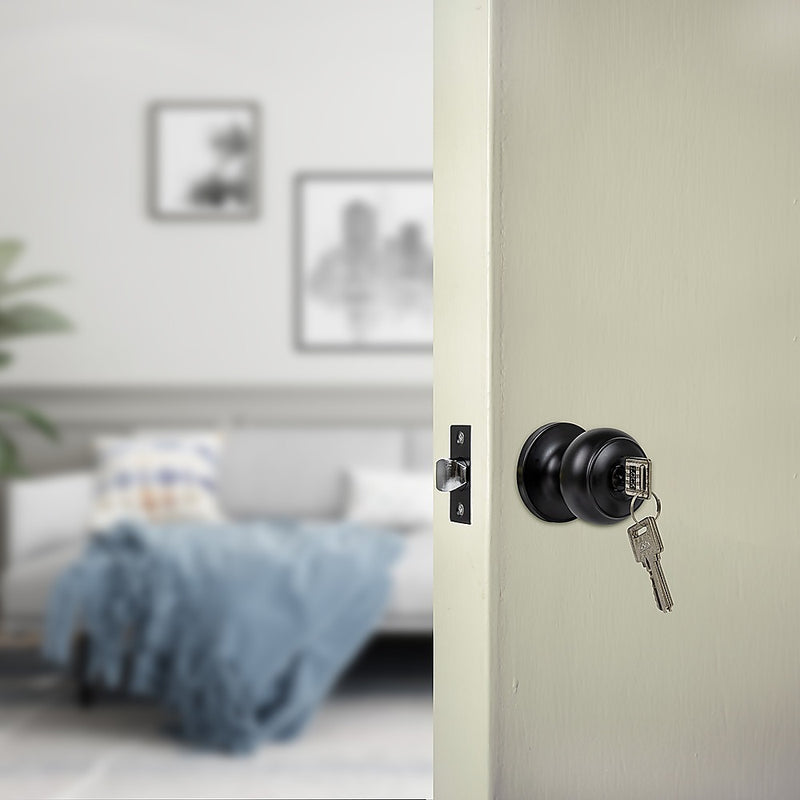 Door Handle Set Key Lock Function Round Black