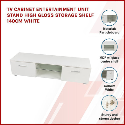 TV Cabinet Entertainment Unit Stand High Gloss Storage Shelf 140cm White