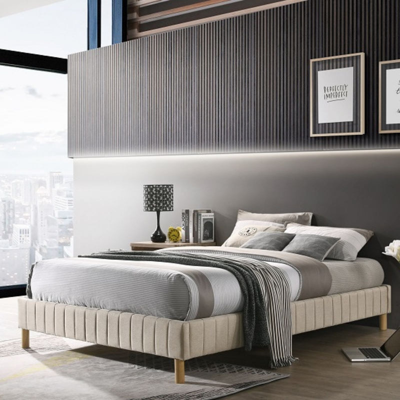 Contemporary Platform Bed Base Fabric Upholestered with Timber Slat King Single in Beige