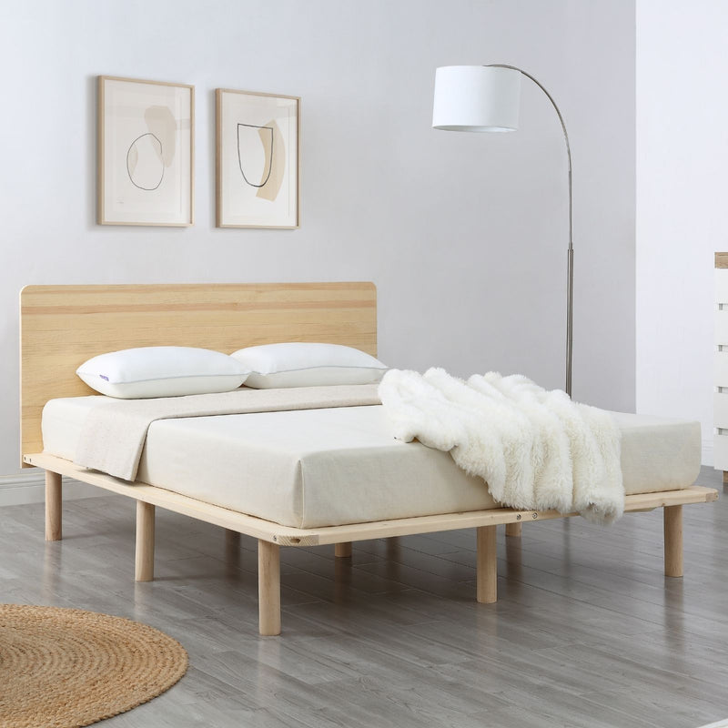 Natural Solid Wood Bed Frame Bed Base with Headboard Double