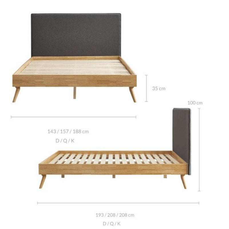 Natural Oak Ensemble Bed Frame Wooden Slat Fabric Headboard Queen