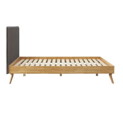 Natural Oak Ensemble Bed Frame Wooden Slat Fabric Headboard King