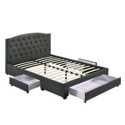 French Provincial Modern Fabric Platform Bed Base Frame with Storage Drawers Queen Charcoal