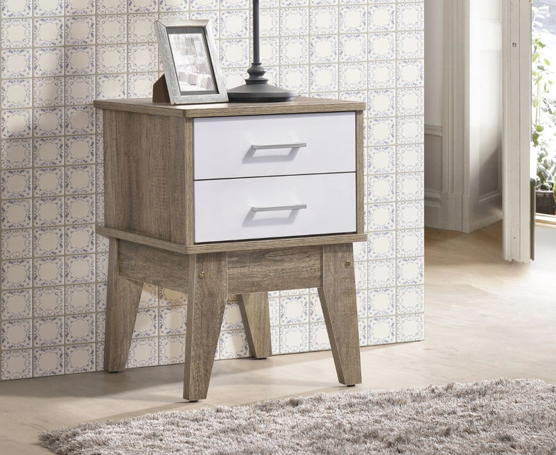 Wooden 2 Drawers Bedside Table in Light Oak Finish with White Accent