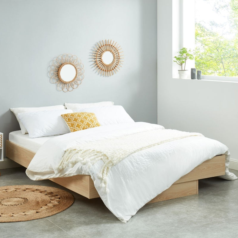 Natural Oak Wood Floating Bed Base Queen