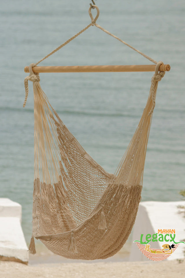 Mayan Legacy Extra Large Outdoor Cotton Mexican Hammock Chair in Cream Colour