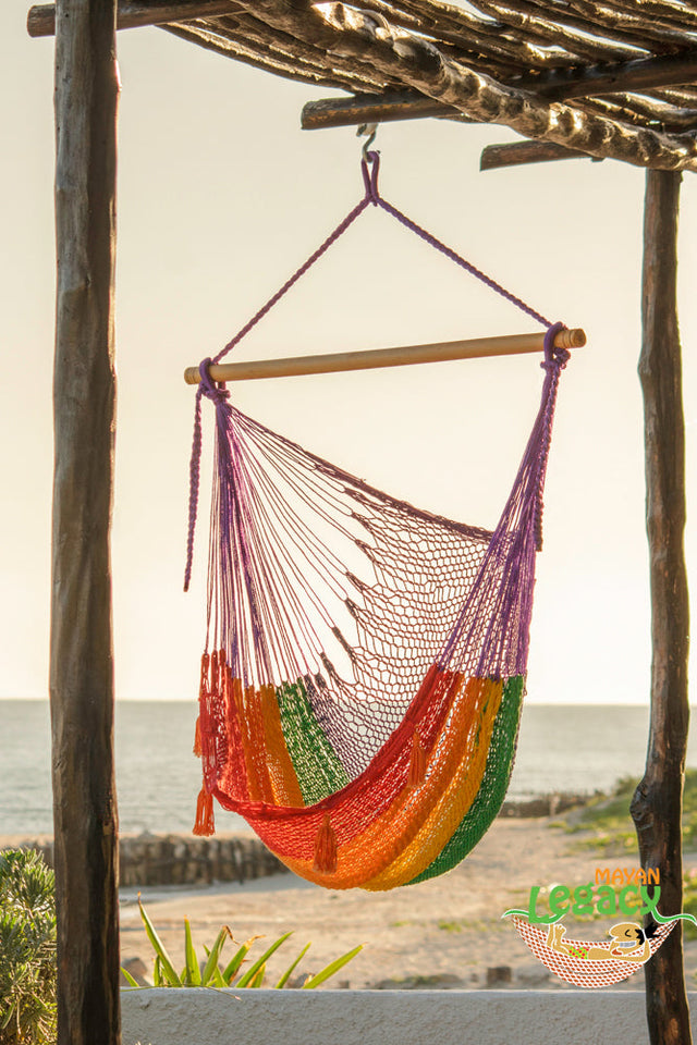 Mayan Legacy Extra Large Outdoor Cotton Mexican Hammock Chair in Rainbow Colour