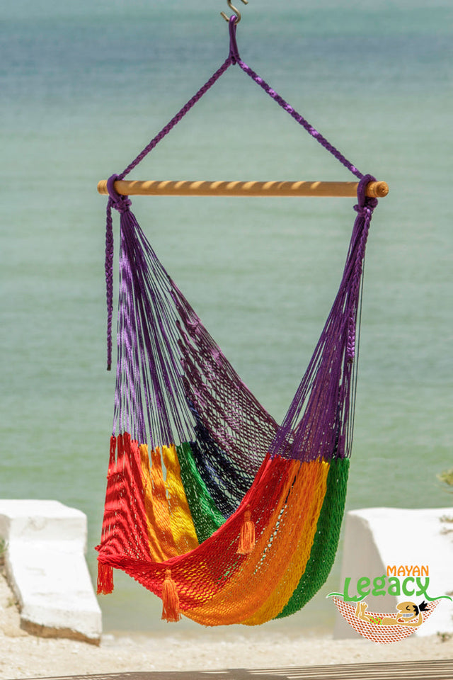 Mayan Legacy Extra Large Outdoor Cotton Mexican Hammock Chair in Rainbow Colour