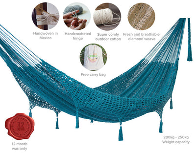 Outdoor undercover cotton Mayan Legacy hammock with hand crocheted tassels King Size Bondi