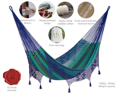 Outdoor undercover cotton Mayan Legacy hammock with hand crocheted tassels King Size Caribe
