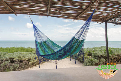 Outdoor undercover cotton Mayan Legacy hammock with hand crocheted tassels King Size Caribe