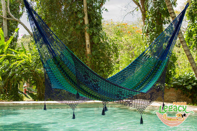 Outdoor undercover cotton Mayan Legacy hammock with hand crocheted tassels King Size Caribe