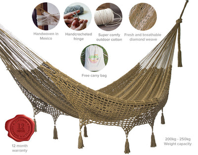 Outdoor undercover cotton Mayan Legacy hammock with hand crocheted tassels King Size Cedar